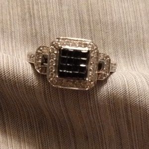 14k white gold halo ring.  Black diamonds, white diamonds